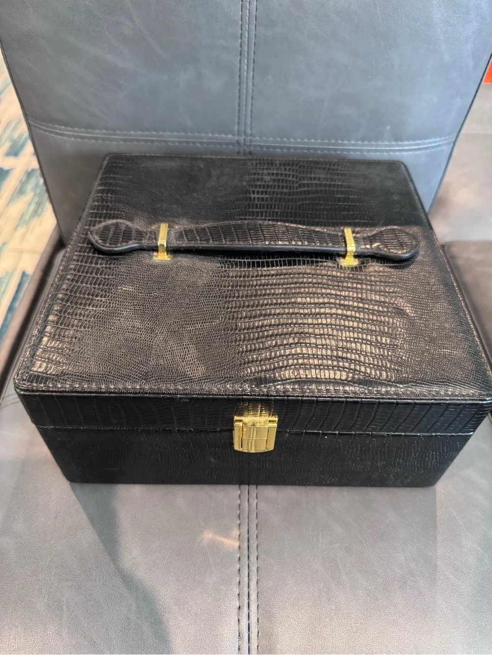 Black Croc-Embossed Essential Oil / Craft Box with Gold Hardware